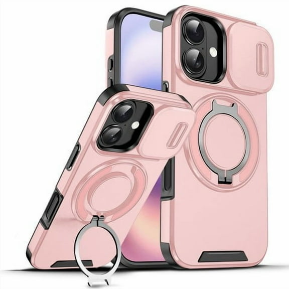 TJS for iPhone 17 Phone Case, Privacy Camera Dual Layer Magnetic Ring Rotating Stand Protective Cover (Pink)