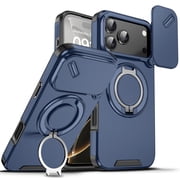 TJS for iPhone 17 Pro Max Phone Case, Privacy Camera Dual Layer Magnetic Ring Rotating Stand Protective Cover Blue