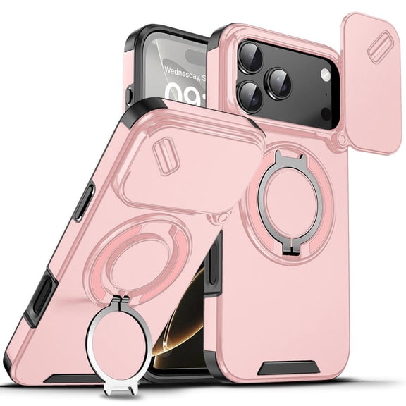 TJS for iPhone 17 Pro Phone Case, Privacy Camera Dual Layer Magnetic Ring Rotating Stand Protective Cover (Pink)