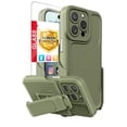 thumbnail image 1 of TJS for iPhone 13 Pro Max Case, 6.7 inch, with Belt Clip Holster and Tempered Glass, Heavy Duty Military Grade Drop Protection Hard Phone Case with 360° Rotating Kickstand Clip (OD Green), 1 of 11