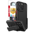 thumbnail image 1 of TJS for iPhone 13 Pro Max Case, 6.7 inch, with Belt Clip Holster and Tempered Glass, Heavy Duty Military Grade Drop Protection Hard Phone Case with 360° Rotating Kickstand Clip (Black), 1 of 11