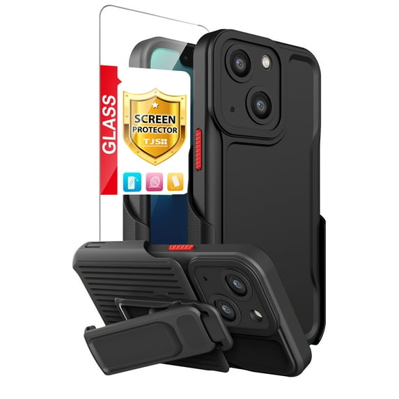 TJS for iPhone 14 Plus, with Belt Clip Holster and Tempered Glass, Heavy Duty Military Grade Drop Protection Hard Phone Case with 360° Rotating Kickstand Clip for iPhone 14 Plus 6.7 inch (Black)