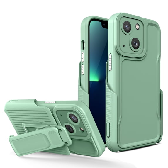 TJS for iPhone 14 Plus, with Belt Clip Holster, Heavy Duty Military Grade Drop Protection Hard Phone Case with 360° Rotating Kickstand Clip for iPhone 14 Plus 6.7 inch (Mint Green)