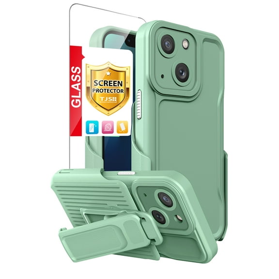 TJS for iPhone 14 Plus, with Belt Clip Holster and Tempered Glass, Heavy Duty Military Grade Drop Protection Hard Phone Case with 360° Rotating Kickstand Clip for iPhone 14 Plus 6.7 inch (Mint Green)