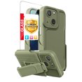 thumbnail image 1 of TJS for iPhone 14 Plus, with Belt Clip Holster and Tempered Glass, Heavy Duty Military Grade Drop Protection Hard Phone Case with 360° Rotating Kickstand Clip for iPhone 14 Plus 6.7 inch (OD Green), 1 of 12