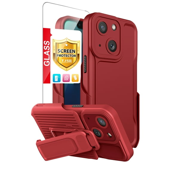 TJS for iPhone 14 Plus, with Belt Clip Holster and Tempered Glass, Heavy Duty Military Grade Drop Protection Hard Phone Case with 360° Rotating Kickstand Clip for iPhone 14 Plus 6.7 inch (Red)