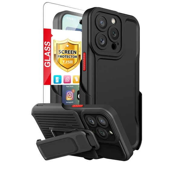 TJS for iPhone 14 Pro Case, 6.1 inch, with Belt Clip Holster and Tempered Glass, Heavy Duty Military Grade Drop Protection Hard Phone Case with 360° Rotating Kickstand Clip (Black)