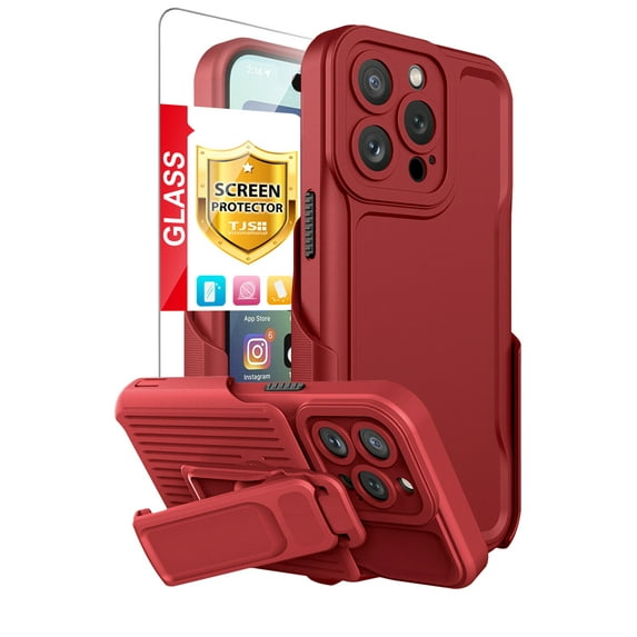 TJS for iPhone 14 Pro Max Case, 6.7 inch, with Belt Clip Holster and Tempered Glass, Heavy Duty Military Grade Drop Protection Hard Phone Case with 360° Rotating Kickstand Clip (Red)