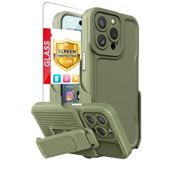 TJS for iPhone 14 Pro Max Case, 6.7 inch, with Belt Clip Holster and Tempered Glass, Heavy Duty Military Grade Drop Protection Hard Phone Case with 360° Rotating Kickstand Clip (OD Green)