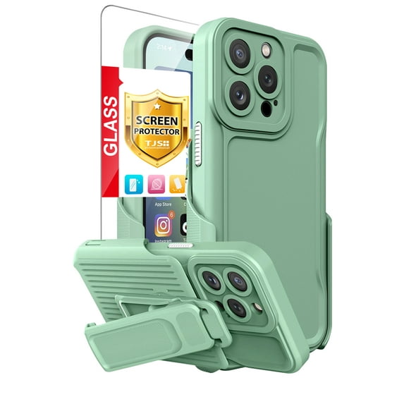 TJS for iPhone 14 Pro Max Case, 6.7 inch, with Belt Clip Holster and Tempered Glass, Heavy Duty Military Grade Drop Protection Hard Phone Case with 360° Rotating Kickstand Clip (Mint Green)