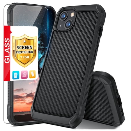 TJS for iPhone 15 Plus Phone Case, with Tempered Glass Screen Protector, Dual Layer Hybrid Shock Absorbing Carbon Fiber Drop Protector Cover for Apple iPhone 15 Plus (Black)