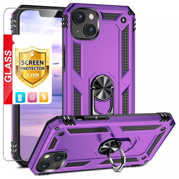TJS for iPhone 15 Plus Phone Case Metal Ring Kickstand Drop Tempered Glass Screen Protector