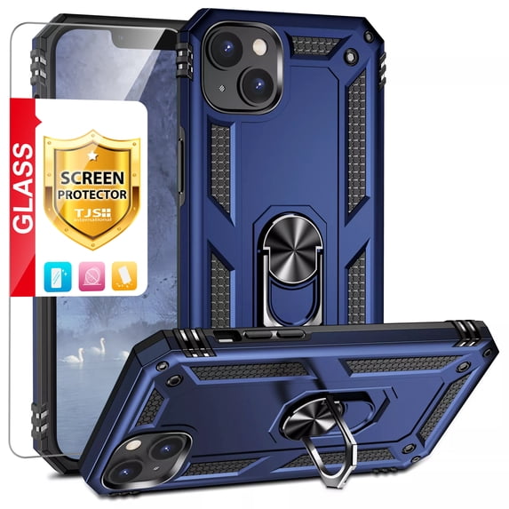 TJS for iPhone 15 Plus Phone Case, with Tempered Glass Screen Protector, Impact Resistant Metal Ring Magnetic Support Kickstand Drop Protector Cover for Apple iPhone 15 Plus (Blue)