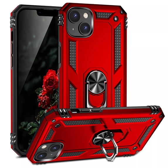 TJS Phone Case for iPhone 15 Plus, Impact Resistant Metal Ring Magnetic Support Kickstand Drop Protector Cover for Apple iPhone 15 Plus (Red)