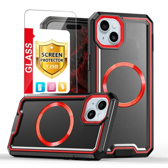 TJS for iPhone 15 Plus Phone Case, with Tempered Glass Screen Protector, Magnetic Wireless Charging Support Dual Layer Shockproof Hybrid Drop Protector Cover for Apple iPhone 15 Plus (Black)