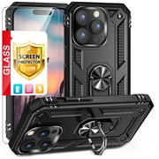 TJS for iPhone 15 Pro Max Phone Case, with Tempered Glass Screen Protector, Impact Resistant Metal Ring Magnetic Support Kickstand Drop Protector Cover for Apple iPhone 15 Pro Max (Black)