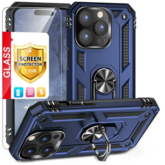 TJS for iPhone 15 Pro Max Phone Case, with Tempered Glass Screen Protector, Impact Resistant Metal Ring Magnetic Support Kickstand Drop Protector Cover for Apple iPhone 15 Pro Max (Blue)