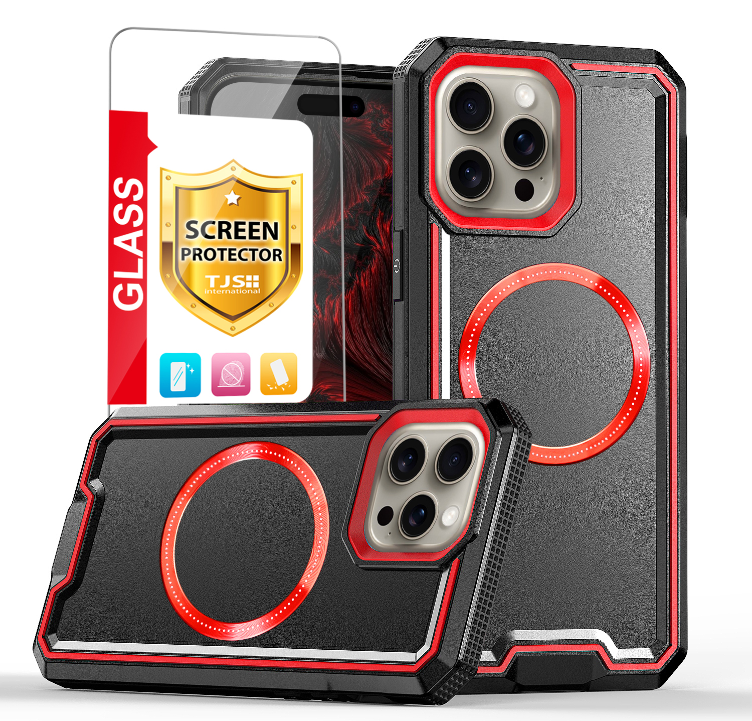 for iPhone 15 Pro Max Phone Case, with Tempered Glass Screen Protector, Magnetic Wireless Charging Support Dual Layer Shockproof Hybrid Drop Protector Cover for Apple iPhone 15 Pro Max (Black) at Walmart