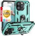 thumbnail image 1 of TJS for iPhone 15 Pro Phone Case, with Tempered Glass Screen Protector, Impact Resistant Metal Ring Magnetic Support Kickstand Drop Protector Cover for Apple iPhone 15 Pro (Teal), 1 of 6
