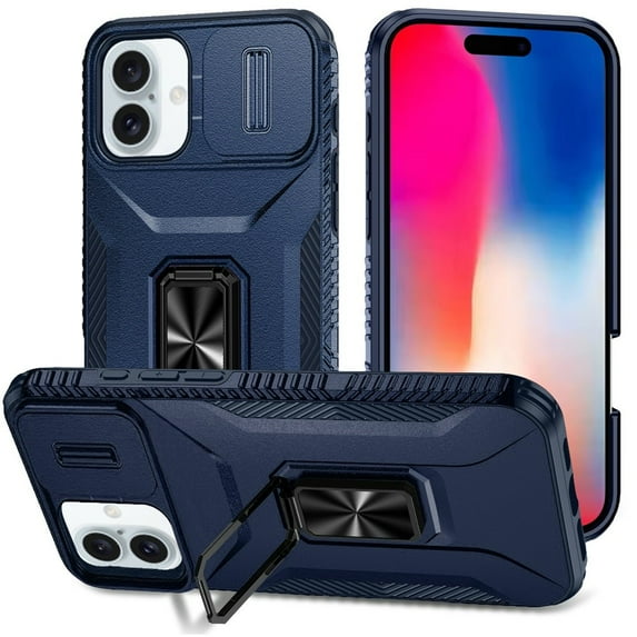 TJS for iPhone 16 Phone Case, Impact Resistant Slide Camera Cover Shockproof TPU+PC Lens Protection Metal Ring Magnetic Support Kickstand Cover (Blue)