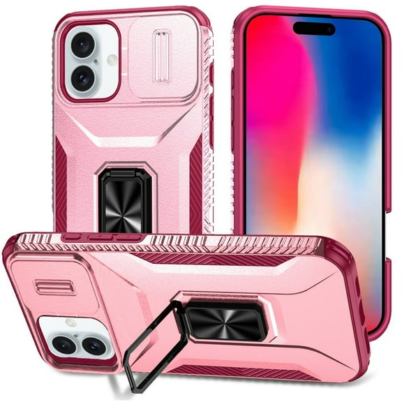 TJS for iPhone 16 Phone Case, Impact Resistant Slide Camera Cover Shockproof TPU+PC Lens Protection Metal Ring Magnetic Support Kickstand Cover (Pink/Burgundy)
