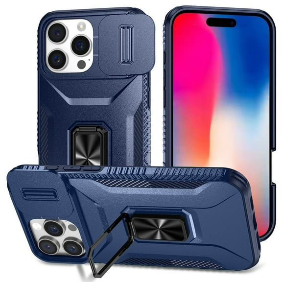 TJS for iPhone 16 Pro Phone Case, Impact Resistant Slide Camera Cover Shockproof TPU+PC Lens Protection Metal Ring Magnetic Support Kickstand Cover (Blue)