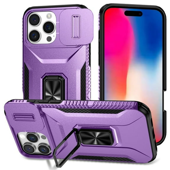TJS for iPhone 16 Pro Phone Case, Impact Resistant Slide Camera Cover Shockproof TPU+PC Lens Protection Metal Ring Magnetic Support Kickstand Cover (Purple)