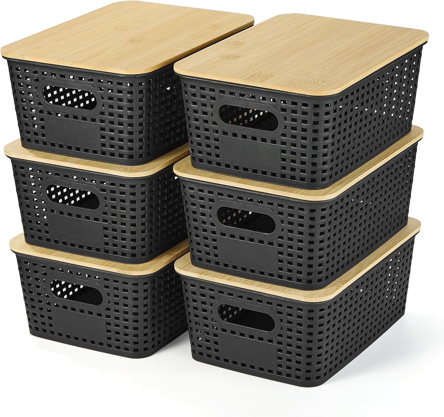 Simple Stackable Shelves TJSHOP 6 Pack Plastic Storage Baskets with Bamboo Lids for Organization ...