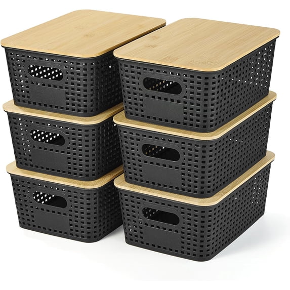 TJSHOP 6 Pack Plastic Storage Baskets with Bamboo Lids for Organization ...