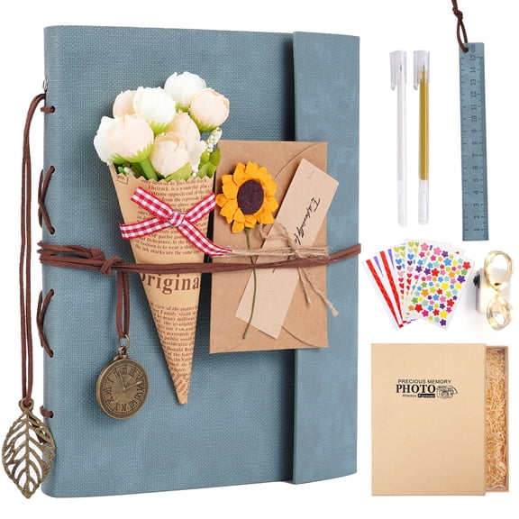 TJT 104 Pages Scrapbook Album, Self Adhesive Photo Album DIY Photo Book, Leather Memory Book for Wedding Baby Family Travel Birthday Christmas Blue