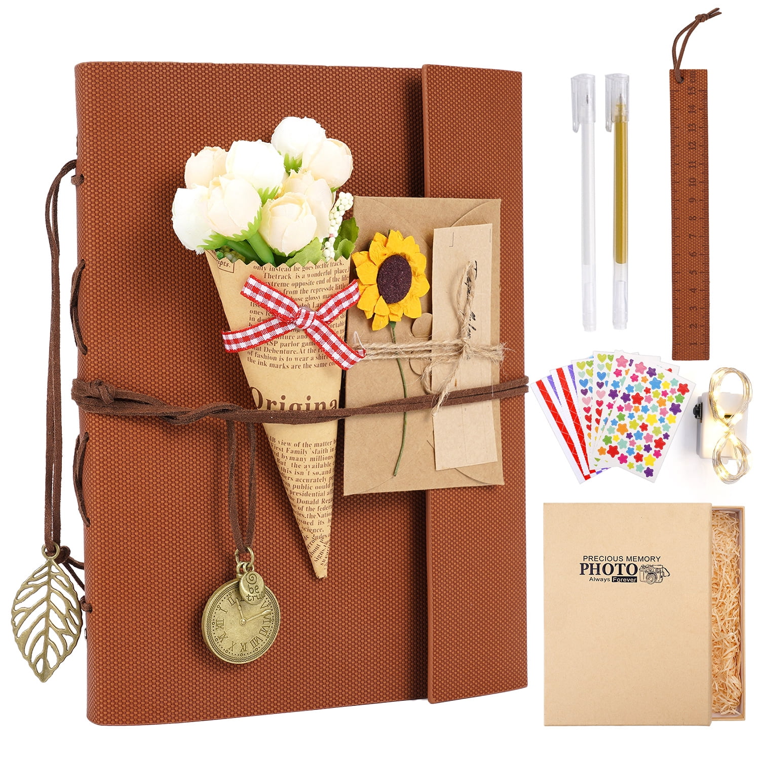 TJT 104 Pages Scrapbook Album, Self Adhesive Photo Album DIY Photo Book, Leather Memory Book for Wedding Baby Family Travel Birthday Christmas Brown