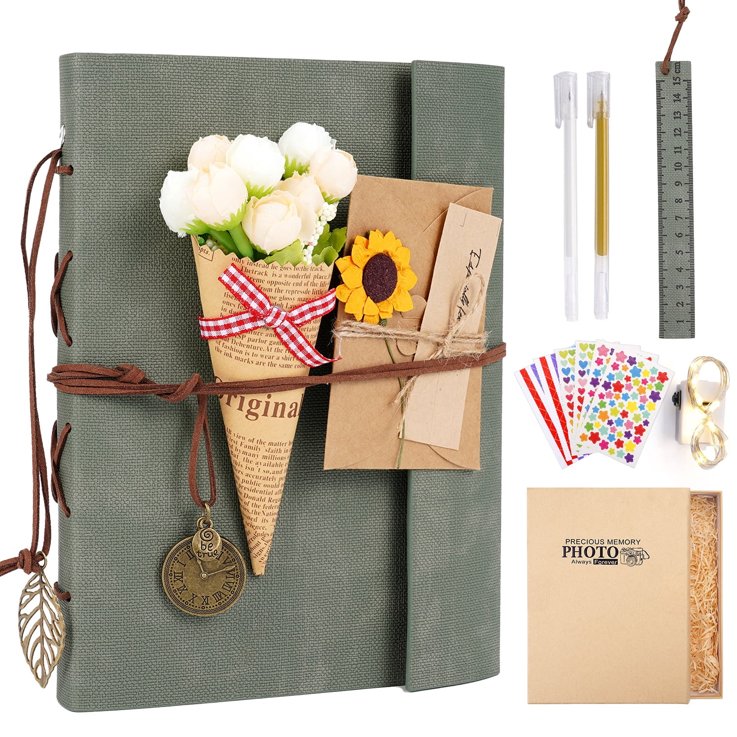 TJT 104 Pages Scrapbook Album, Self Adhesive Photo Album DIY Photo Book, Leather Memory Book for Wedding Baby Family Travel Birthday Christmas Green