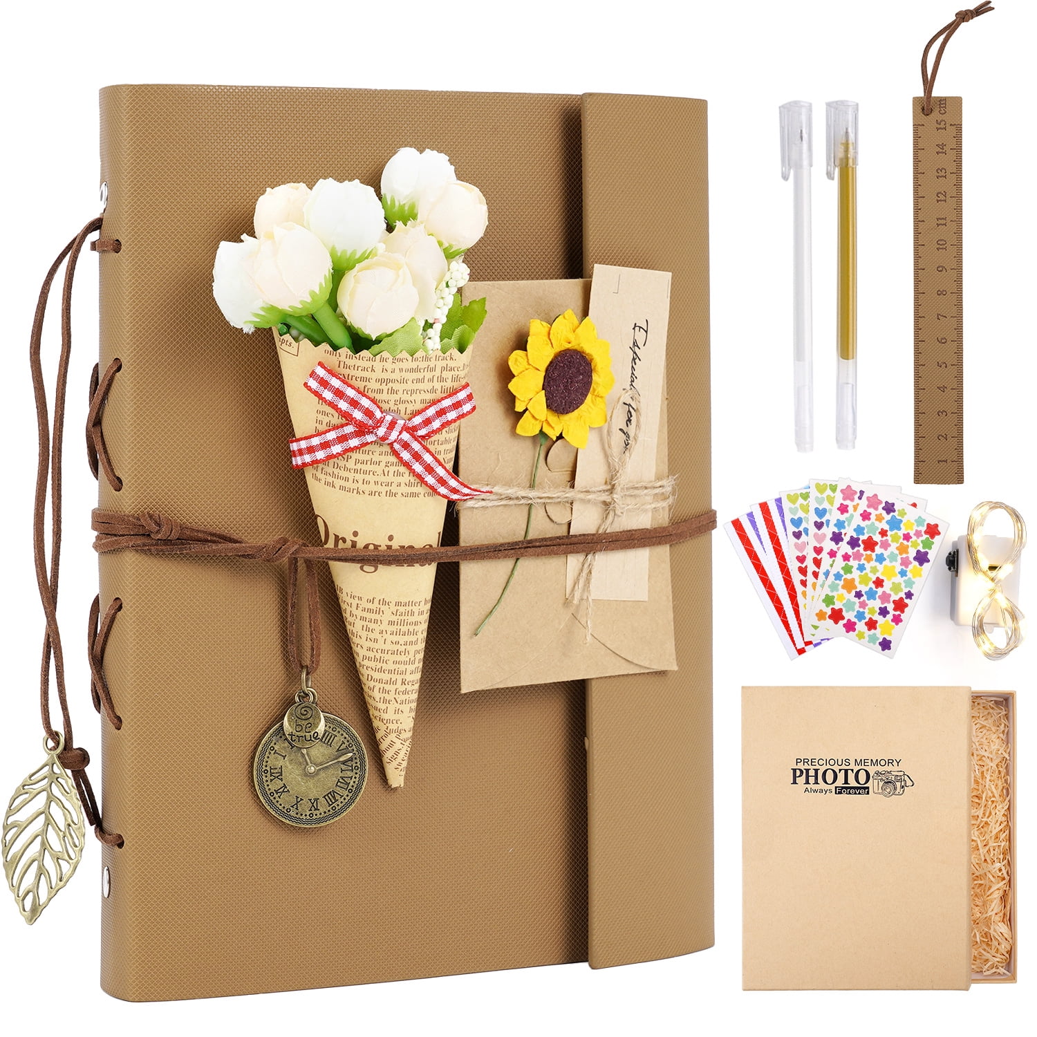 TJT 104 Pages Scrapbook Album, Self Adhesive Photo Album DIY Photo Book, Leather Memory Book for Wedding Baby Family Travel Birthday Christmas Khaki