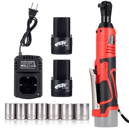 TJT 16.8V Electric Cordless Ratchet 3/8" Right Angle Wrench Impact Power Tool with 2Pcs 2Ah Battery