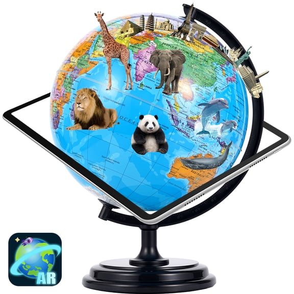 TJT 3D AR Educational World Globe, 10'' Interactive Globe for Kids with Plastic Stand , Earth Globes for Adults, LED Illuminated Night Lighting Gift