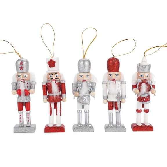 TJT 5-Piece Nutcracker Decorations, Christmas Nutcracker Soldier Ornaments Wooden Tree Hanging Collectible Xmas Figures Holiday Decor Gift, Red 12cm