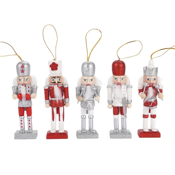 TJT 5-Piece Nutcracker Decorations, Christmas Nutcracker Soldier Ornaments Wooden Tree Hanging Collectible Xmas Figures Holiday Decor Gift, Red 12cm