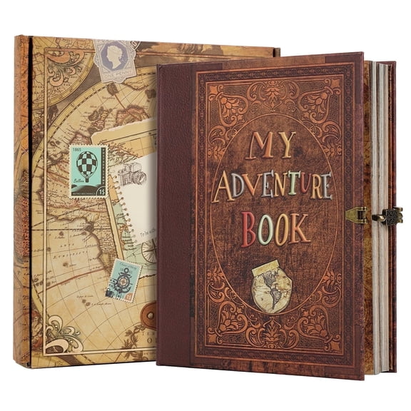 TJT Our Adventure Scrapbook 124 Pages Retro Embossed Photo Album, DIY Memory Travel Diary Photo Scrap Book Gift for Christmas Birthday Anniversary