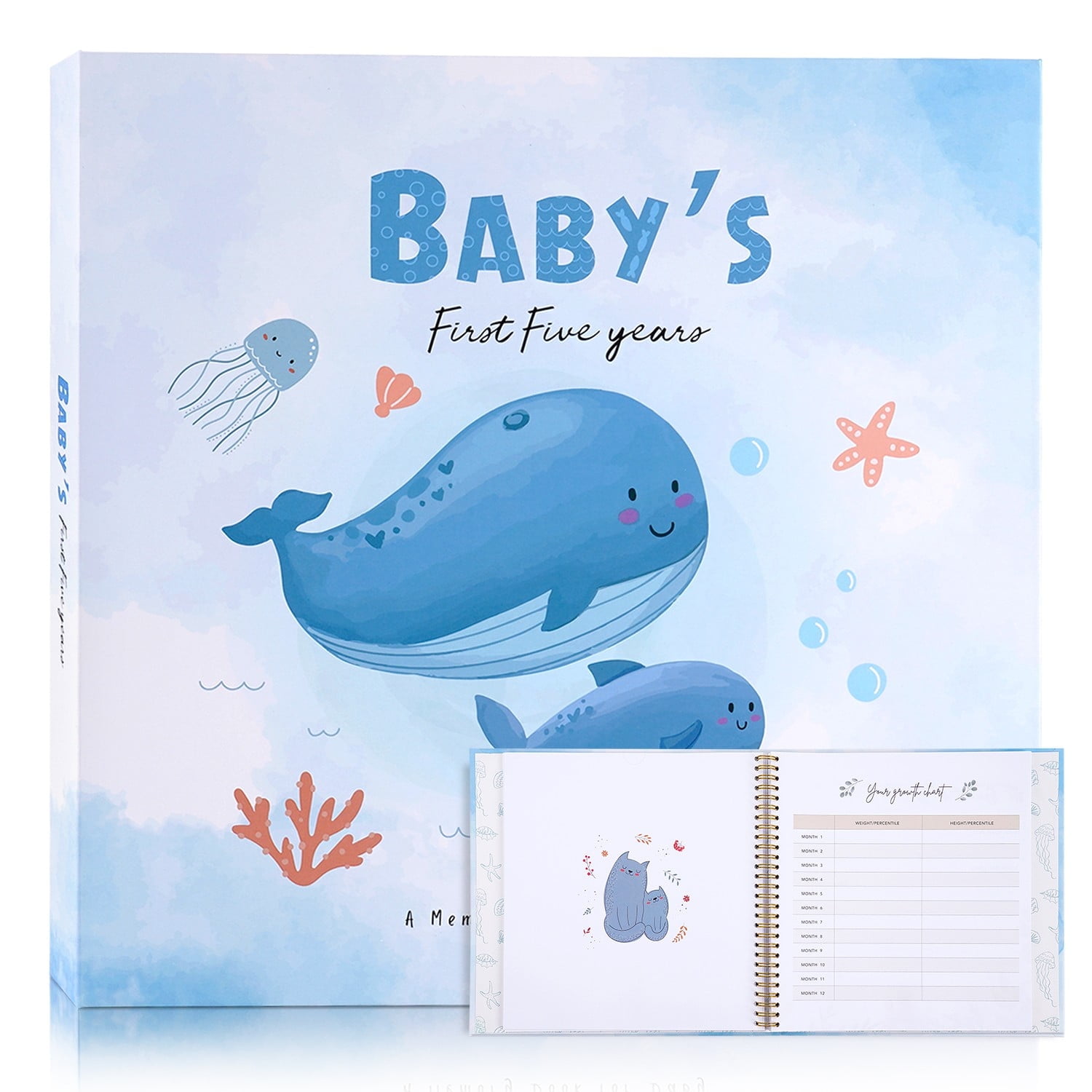 TJT Keepsake Baby Books for Newborn Baby Memory, First 5 Years Baby Memory Book Record Gift, 118 Pages Baby Album, Whale, Blue