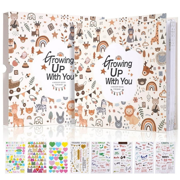 TJT Keepsake Baby Books for Newborn Baby Memory, First 5 Years Baby Memory Record Book Gift, 124 Pages Baby Album, Animal Family, Brown