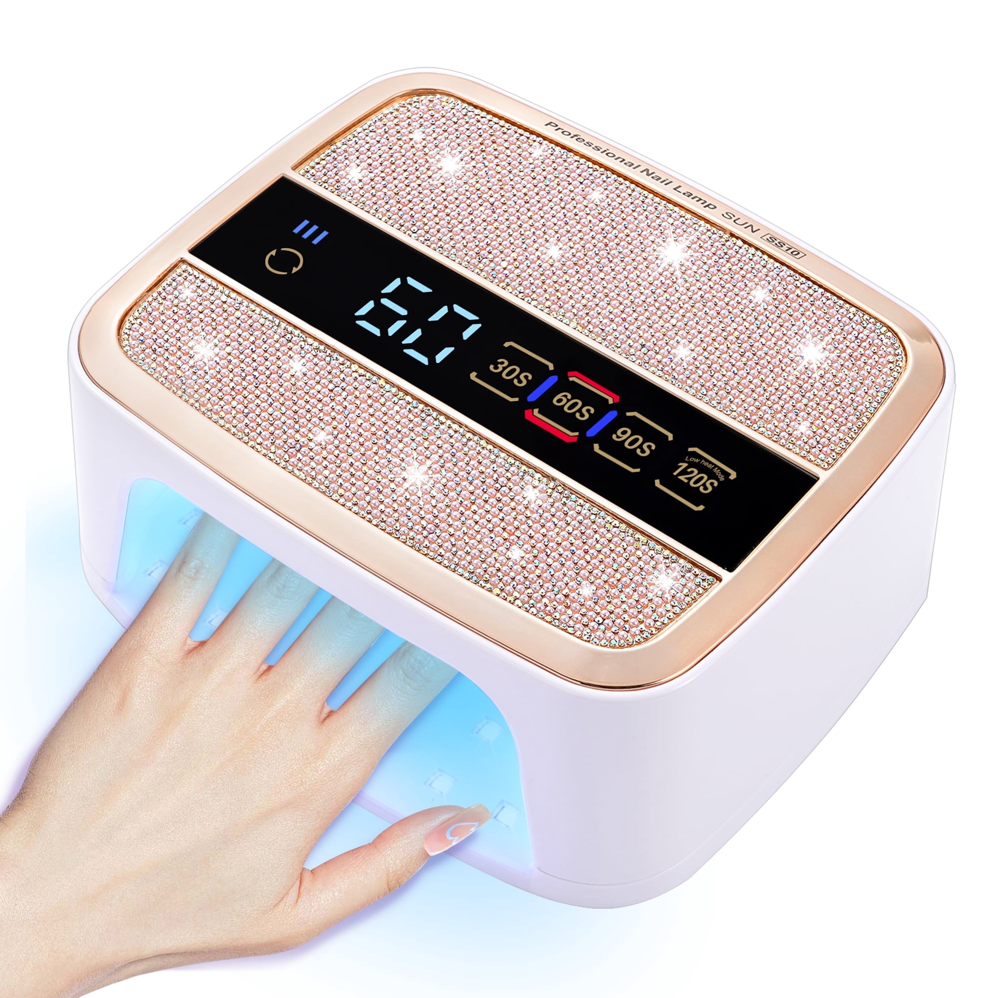 TJT UV LED Nail Lamp, 168W Rechargeable Cordless Nail Lamp for gel polish, Professional 4 Timer Modes and LCD Display with Crystal Diamonds，White