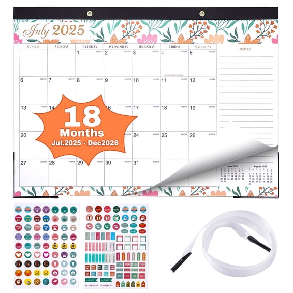 TJT Desk Calendar 2025-2026 17x12, Desktop Wall Calendar with Stickers and Ropes from Jul 2025 Through Dec 2026 18 Months for Home School Office