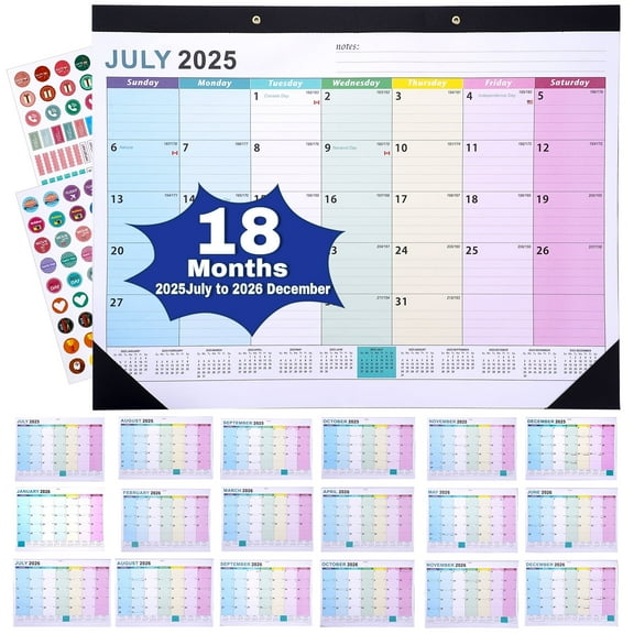 TJT Desk Calendar 2025-2026 Large 22x17, Desktop Wall Calendar with Stickers and Ropes from Jul 2025 Through Dec 2026 18 Months for Home School Office