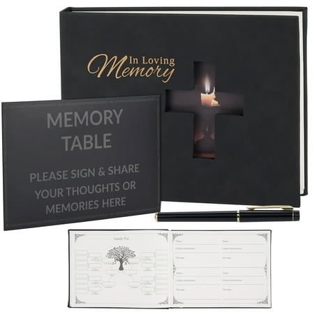 TJT Funeral Guest Book with Leather Cover, Funeral Guest Book for Memorial Service 88 Pages,Celebration of Life Guest Book with Memory Table Sign & Pocket