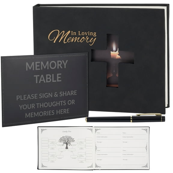TJT Funeral Guest Book with Leather Cover, Funeral Guest Book for Memorial Service 88 Pages,Celebration of Life Guest Book with Memory Table Sign & Pocket