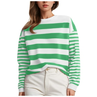 TJUJUSO Women Crew Neck Striped Sweatshirts Color Block Pullover Tops Casual Loose Long Sleeve Sweatshirt Autumn Winter Outfits Green S