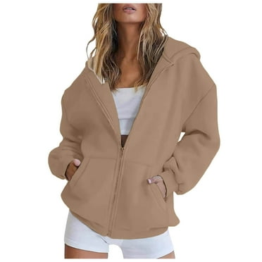 TJUJUSO Women's Oversized Zip Up Hoodie Solid Color Sweatshirts Tops Classic Fit Loose Sweatshirt with Pocket Autumn Casual Everyday Wear Khaki S