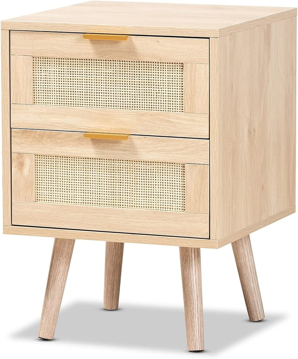 Light Oak Brown 16" Wood and Rattan Nightstand with Gold-Tone Handles