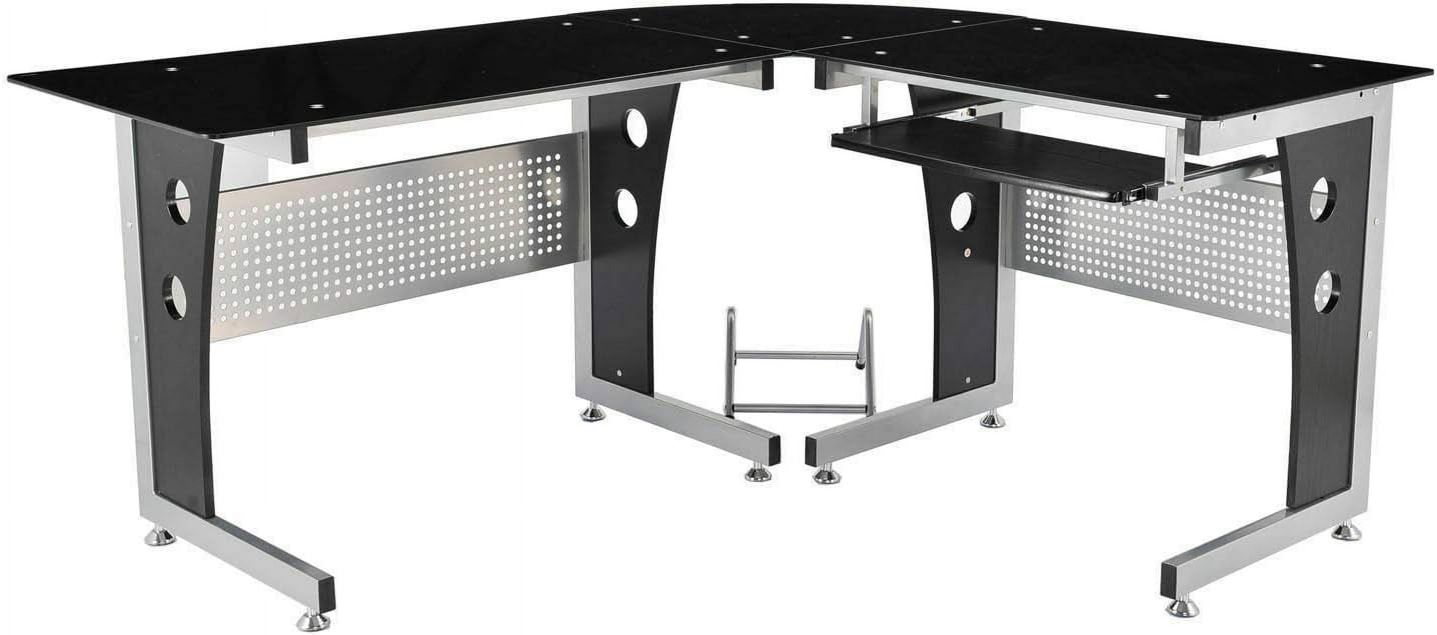 TJUNBOLIFE Black LShape Corner Tempered Glass Top Computer Desk Slide
