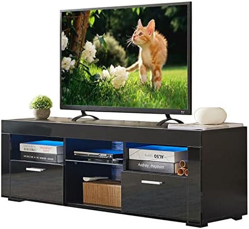 TJUNBOLIFE Black TV Stand with Light Entertainment Center with
